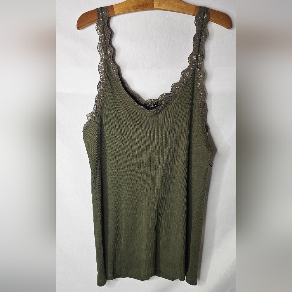 Y2K‎ Vintage Splash Green Lace Trim Camisole 3XL Earthy Boho Gypsy